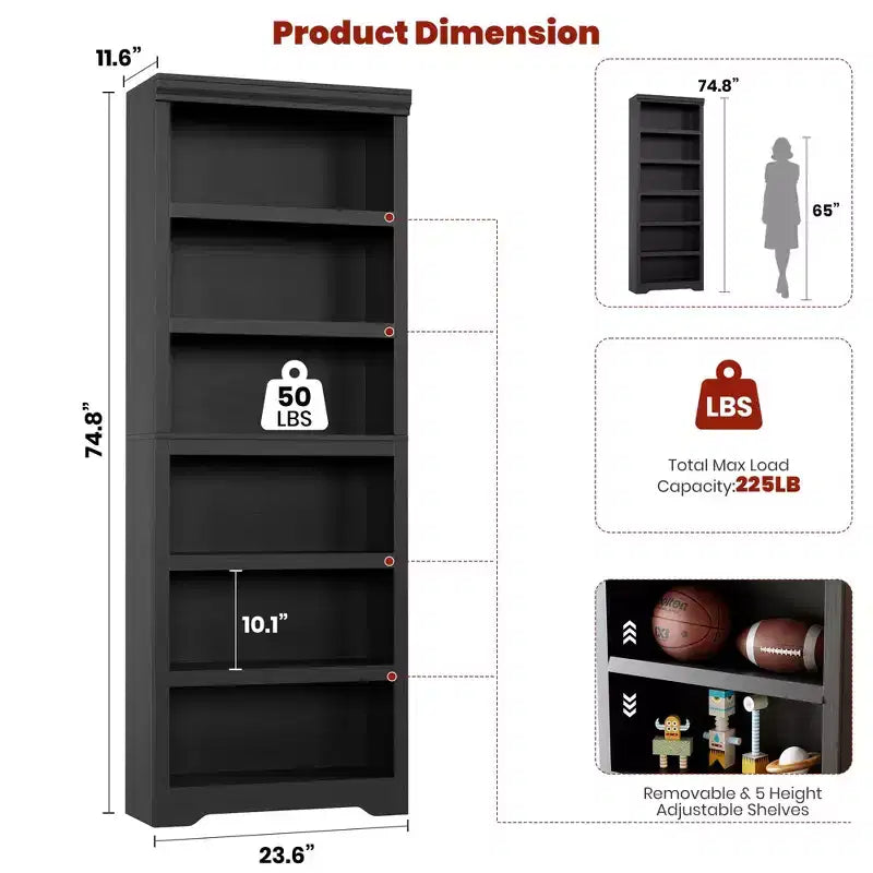Étagère réglable à 5/6 niveaux, bibliothèque haute de style rustique, meuble de rangement autonome avec kit anti-basculement pour bureau à domicile, salon, bureau
