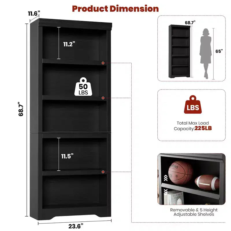 Étagère réglable à 5/6 niveaux, bibliothèque haute de style rustique, meuble de rangement autonome avec kit anti-basculement pour bureau à domicile, salon, bureau