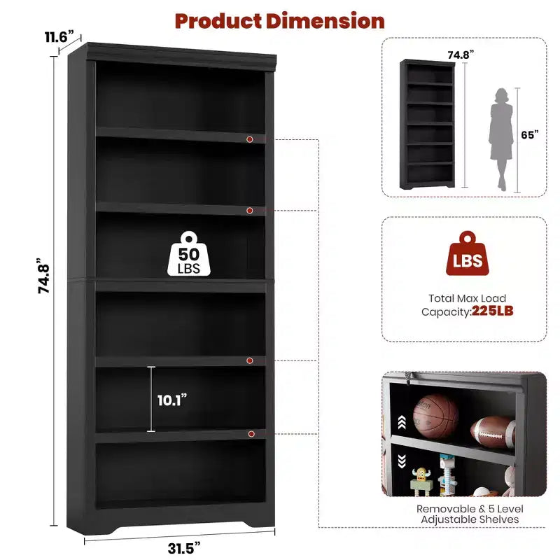 Étagère réglable à 5/6 niveaux, bibliothèque haute de style rustique, meuble de rangement autonome avec kit anti-basculement pour bureau à domicile, salon, bureau