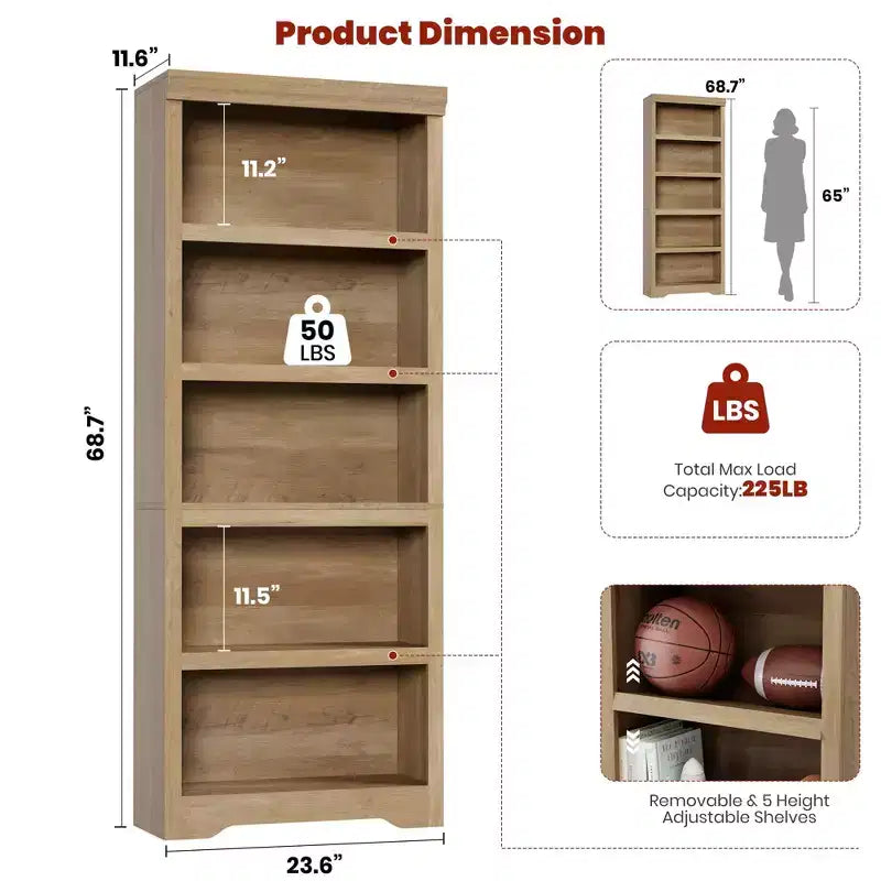 Étagère réglable à 5/6 niveaux, bibliothèque haute de style rustique, meuble de rangement autonome avec kit anti-basculement pour bureau à domicile, salon, bureau