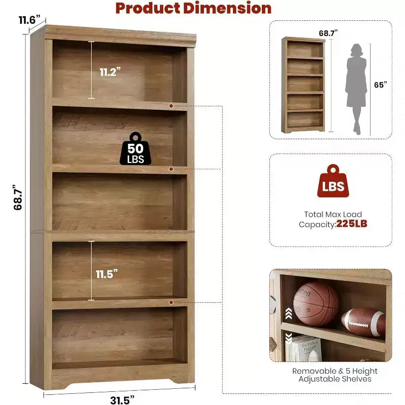 Étagère réglable à 5/6 niveaux, bibliothèque haute de style rustique, meuble de rangement autonome avec kit anti-basculement pour bureau à domicile, salon, bureau
