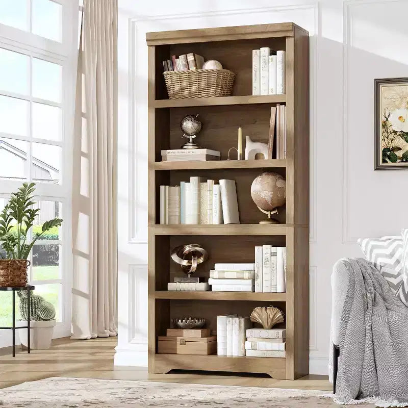 Étagère réglable à 5/6 niveaux, bibliothèque haute de style rustique, meuble de rangement autonome avec kit anti-basculement pour bureau à domicile, salon, bureau