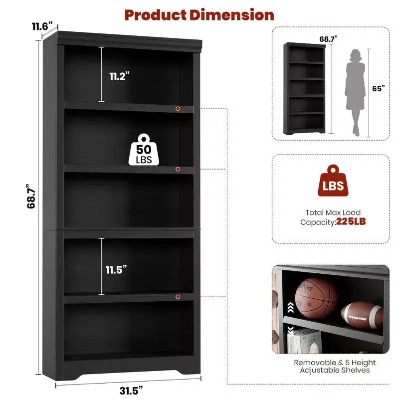 Étagère réglable à 5/6 niveaux, bibliothèque haute de style rustique, meuble de rangement autonome avec kit anti-basculement pour bureau à domicile, salon, bureau