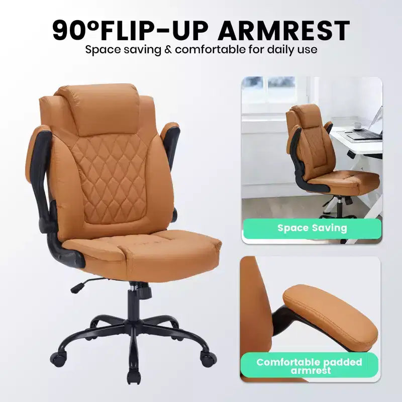 Chaise de bureau ergonomique robuste 350LBS, chaise de bureau exécutive en cuir PU avec soutien lombaire et accoudoirs relevables pour une installation confortable à la maison
