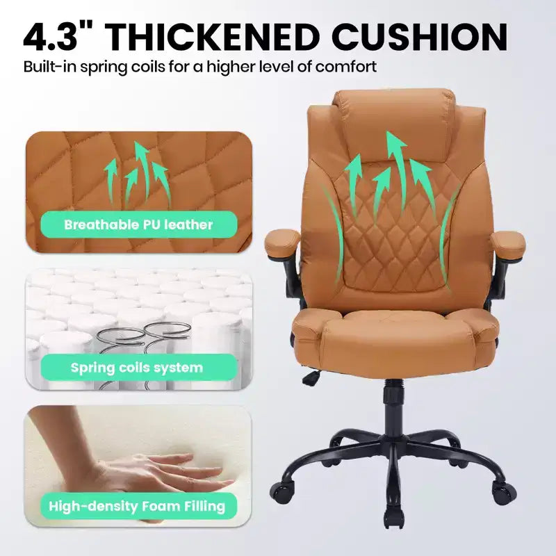 Chaise de bureau ergonomique robuste 350LBS, chaise de bureau exécutive en cuir PU avec soutien lombaire et accoudoirs relevables pour une installation confortable à la maison