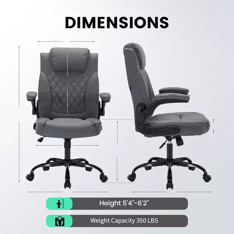 Chaise de bureau ergonomique robuste 350LBS, chaise de bureau exécutive en cuir PU avec soutien lombaire et accoudoirs relevables pour une installation confortable à la maison