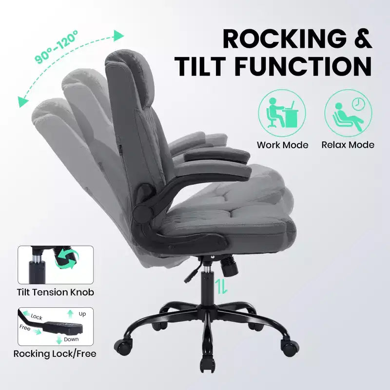Chaise de bureau ergonomique robuste 350LBS, chaise de bureau exécutive en cuir PU avec soutien lombaire et accoudoirs relevables pour une installation confortable à la maison