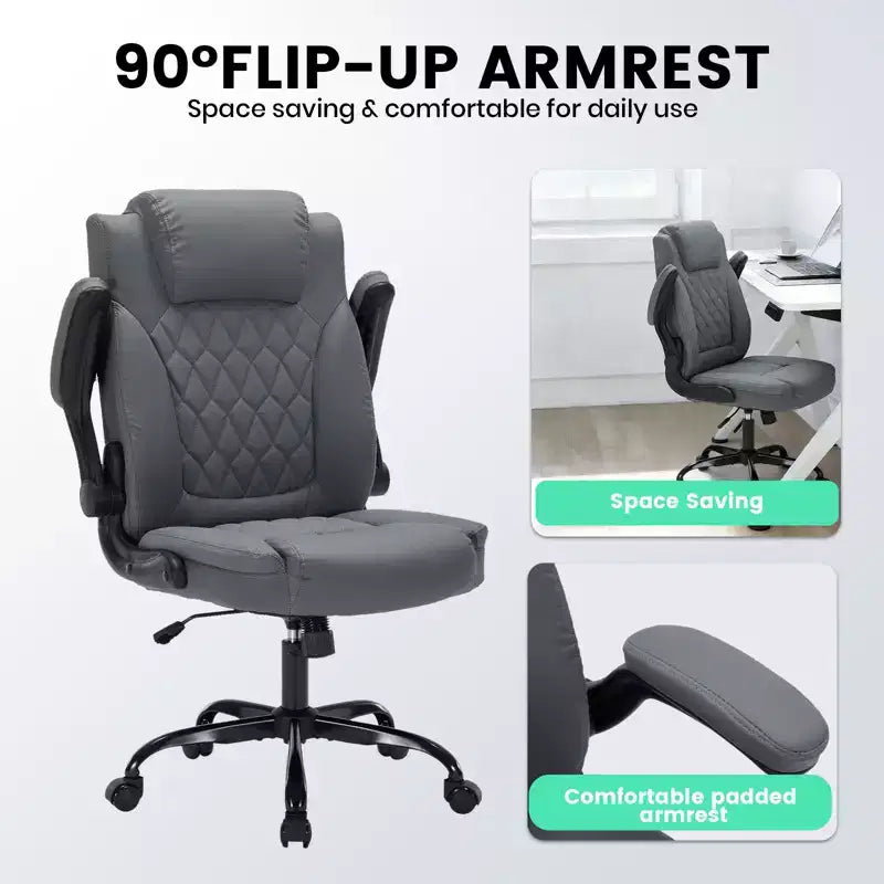 Chaise de bureau ergonomique robuste 350LBS, chaise de bureau exécutive en cuir PU avec soutien lombaire et accoudoirs relevables pour une installation confortable à la maison