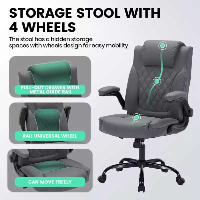 Chaise de bureau ergonomique robuste 350LBS, chaise de bureau exécutive en cuir PU avec soutien lombaire et accoudoirs relevables pour une installation confortable à la maison