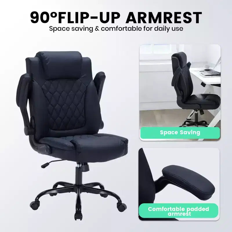 Chaise de bureau ergonomique robuste 350LBS, chaise de bureau exécutive en cuir PU avec soutien lombaire et accoudoirs relevables pour une installation confortable à la maison