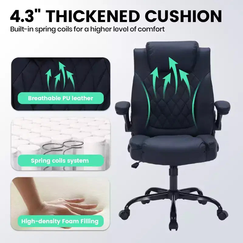 Chaise de bureau ergonomique robuste 350LBS, chaise de bureau exécutive en cuir PU avec soutien lombaire et accoudoirs relevables pour une installation confortable à la maison