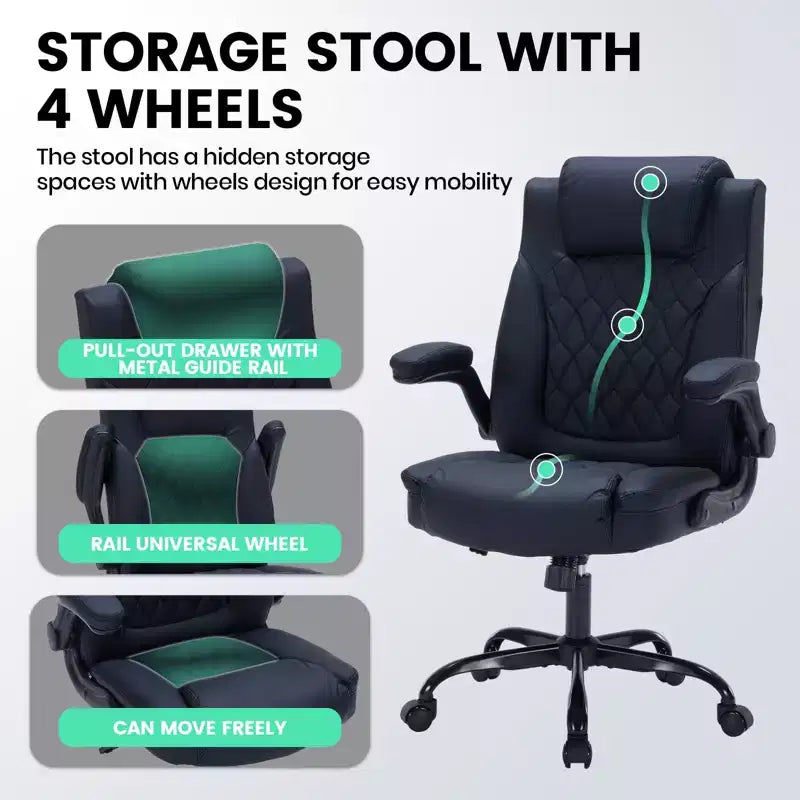 Chaise de bureau ergonomique robuste 350LBS, chaise de bureau exécutive en cuir PU avec soutien lombaire et accoudoirs relevables pour une installation confortable à la maison