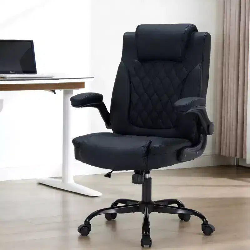 350LBS Heavy Duty Ergonomic Office Chair, PU Leather Executive Computer Desk Chair with Lumbar Support & Flip-Up Arms for Comfort Home Setup