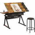 Height Adjustable Drafting Table & Stool Set, 0-75 Tilting Drawing Desk with 2 Drawers for Art, Crafting & Sketching