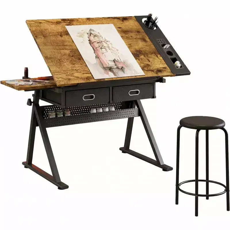 Height Adjustable Drafting Table & Stool Set, 0-75 Tilting Drawing Desk with 2 Drawers for Art, Crafting & Sketching