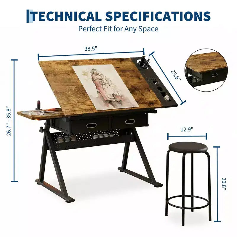 Ensemble table à dessin et tabouret réglables en hauteur, bureau de dessin inclinable de 0 à 75° avec 2 tiroirs pour l'art, le bricolage et le croquis