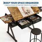 Ensemble table à dessin et tabouret réglables en hauteur, bureau de dessin inclinable de 0 à 75° avec 2 tiroirs pour l'art, le bricolage et le croquis