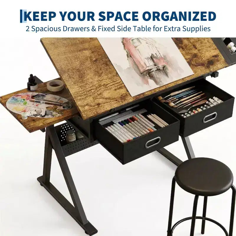 Ensemble table à dessin et tabouret réglables en hauteur, bureau de dessin inclinable de 0 à 75° avec 2 tiroirs pour l'art, le bricolage et le croquis