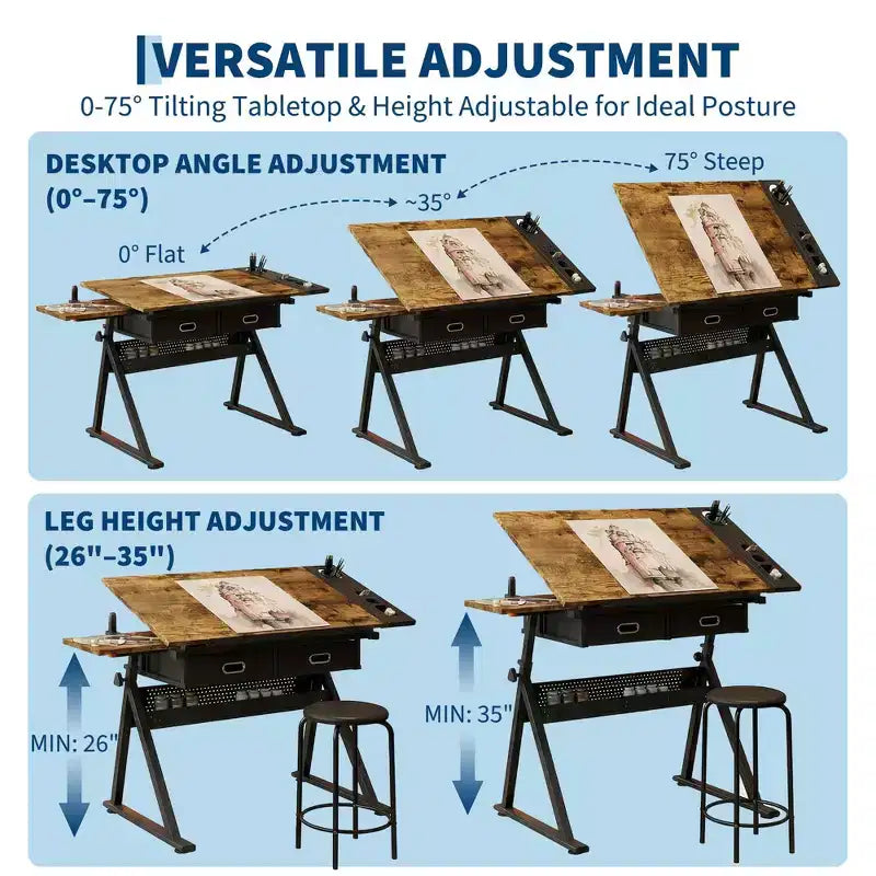 Ensemble table à dessin et tabouret réglables en hauteur, bureau de dessin inclinable de 0 à 75° avec 2 tiroirs pour l'art, le bricolage et le croquis