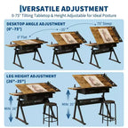 Ensemble table à dessin et tabouret réglables en hauteur, bureau de dessin inclinable de 0 à 75° avec 2 tiroirs pour l'art, le bricolage et le croquis