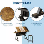 Ensemble table à dessin et tabouret réglables en hauteur, bureau de dessin inclinable de 0 à 75° avec 2 tiroirs pour l'art, le bricolage et le croquis