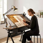 Ensemble table à dessin et tabouret réglables en hauteur, bureau de dessin inclinable de 0 à 75° avec 2 tiroirs pour l'art, le bricolage et le croquis