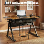 Ensemble table à dessin et tabouret réglables en hauteur, bureau de dessin inclinable de 0 à 75° avec 2 tiroirs pour l'art, le bricolage et le croquis