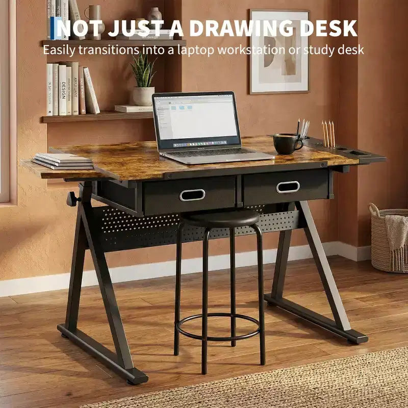 Ensemble table à dessin et tabouret réglables en hauteur, bureau de dessin inclinable de 0 à 75° avec 2 tiroirs pour l'art, le bricolage et le croquis