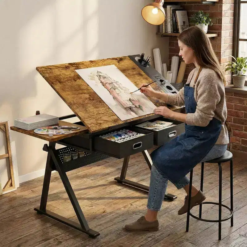 Ensemble table à dessin et tabouret réglables en hauteur, bureau de dessin inclinable de 0 à 75° avec 2 tiroirs pour l'art, le bricolage et le croquis