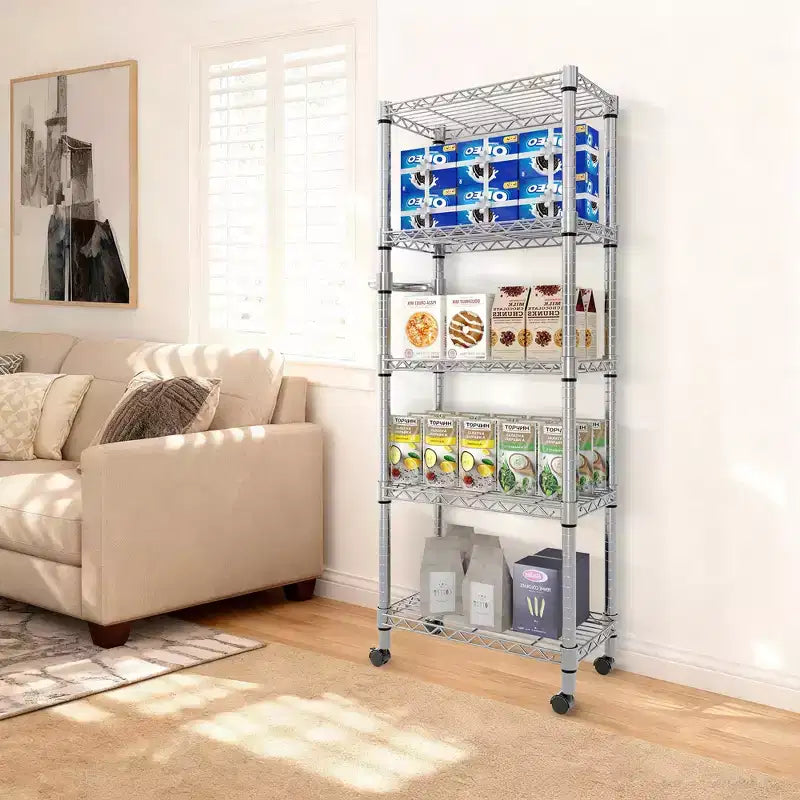 5971.8 Étagère de garage roulante, étagères de rangement en fil métallique à 4 niveaux avec roues, capacité de charge de 1200 kg, rayonnage industriel