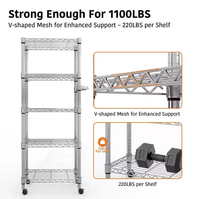 5971.8 Étagère de garage roulante, étagères de rangement en fil métallique à 4 niveaux avec roues, capacité de charge de 1200 kg, rayonnage industriel