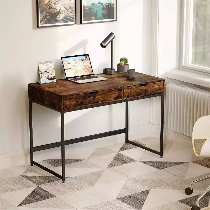 Bestier Petit Bureau Rectangulaire d'Ordinateur pour Écriture, Coiffeuse, Maquillage, Style Minimaliste, Élégant et Simple avec 2 Grands Tiroirs, Marron Rustique