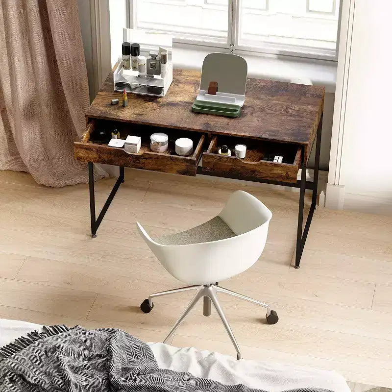 Bestier Petit Bureau Rectangulaire d'Ordinateur pour Écriture, Coiffeuse, Maquillage, Style Minimaliste, Élégant et Simple avec 2 Grands Tiroirs, Marron Rustique
