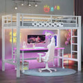 Bellemave Twin Metal Loft Bed with Built-in Bookshelf & Dual Ladders, Space-Saving Loft Bed Frame with Guardrails, White
