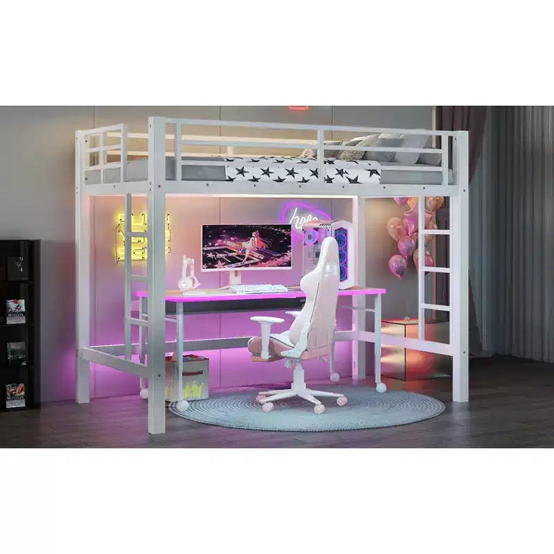 Bellemave Lit mezzanine double en métal avec bibliothèque intégrée et deux échelles, cadre de lit mezzanine peu encombrant avec garde-corps, blanc