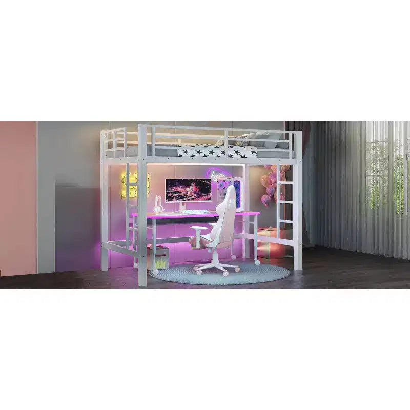 Bellemave Lit mezzanine double en métal avec bibliothèque intégrée et deux échelles, cadre de lit mezzanine peu encombrant avec garde-corps, blanc