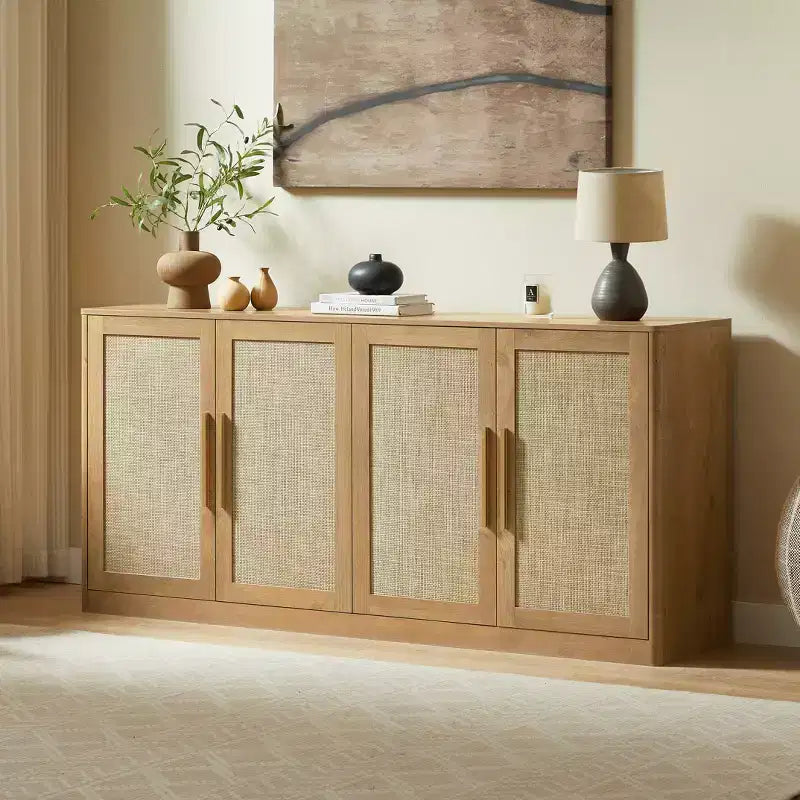 JVNOXK 67 Rattan 4-Door Buffet Cabinet, Boho Sideboard, Large Credenza Sideboard Buffet for Living Room, Hallway and Kitchen, Caramel Oak