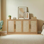 JVNOXK Buffet 4 portes en rotin 67", buffet d'appoint bohème, grand buffet de crédence pour salon, couloir et cuisine, chêne caramel