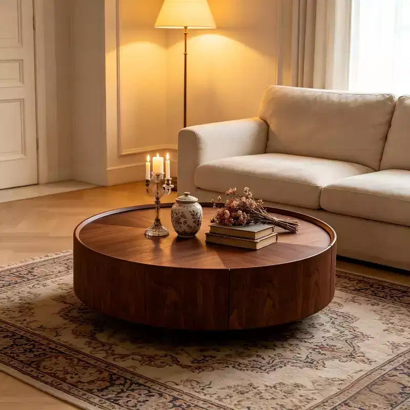 Tables basses JVNOXK de 99,8 cm, design circulaire en noyer, adaptées aux salons, matériau en noyer, adaptées aux chambres, salons, bureaux
