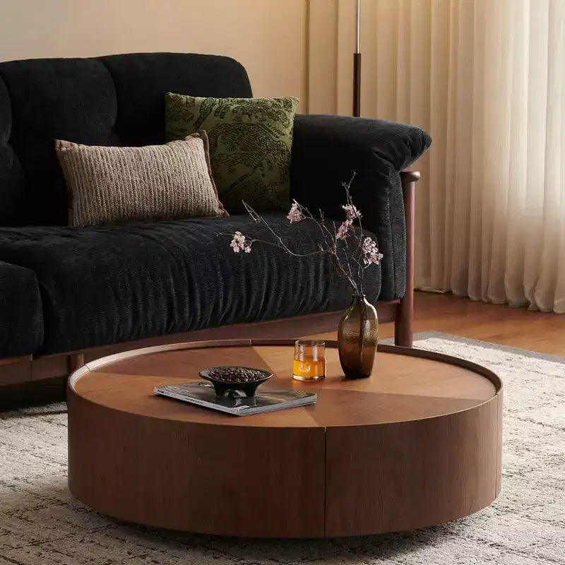 Tables basses JVNOXK de 99,8 cm, design circulaire en noyer, adaptées aux salons, matériau en noyer, adaptées aux chambres, salons, bureaux