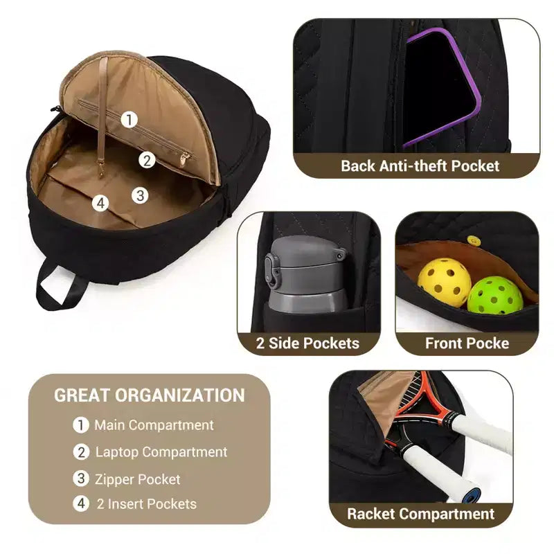 Sac de tennis matelassé pour femmes Sac de raquettes de pickleball badminton léger avec compartiment rembourré et poches multiples
