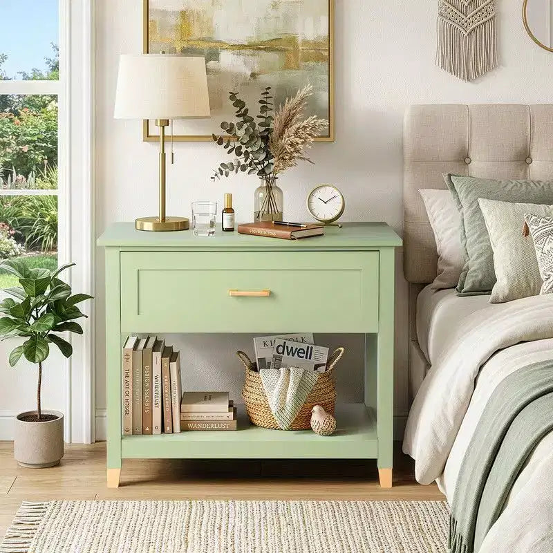 Karl Home Light Green P2 MDF Nightstand 1 Drawer 1 Shelf 29.5 Inch
