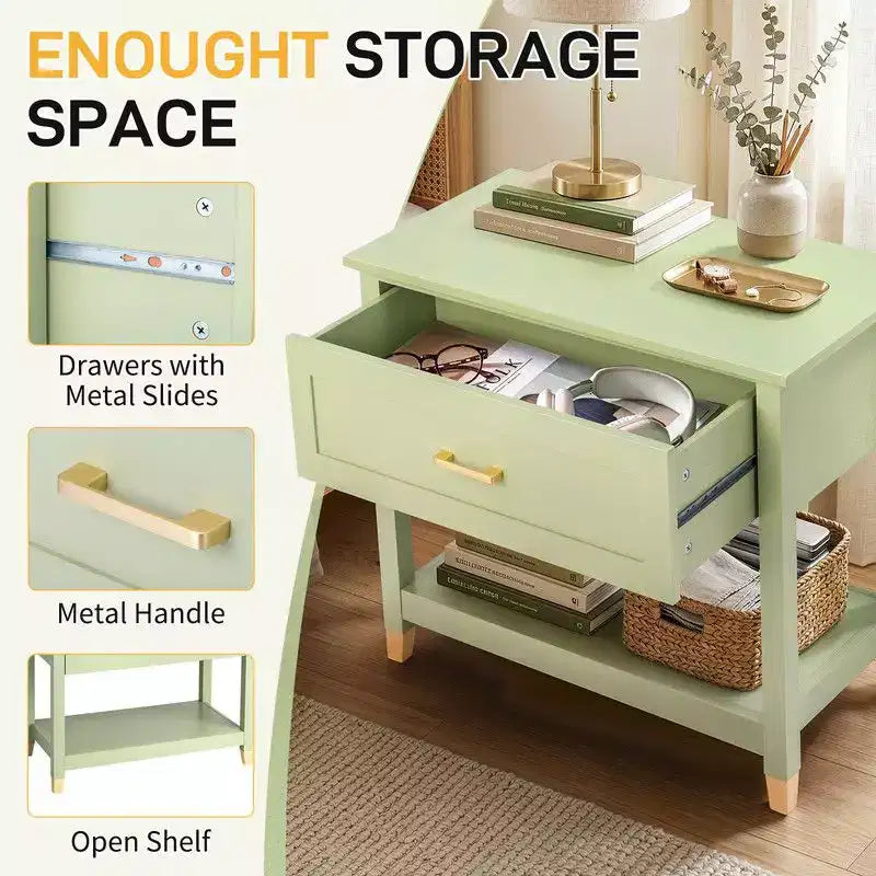 Table de chevet Karl Home Light Green P2 MDF 1 tiroir 1 étagère 75 cm