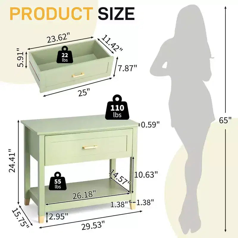 Table de chevet Karl Home Light Green P2 MDF 1 tiroir 1 étagère 75 cm