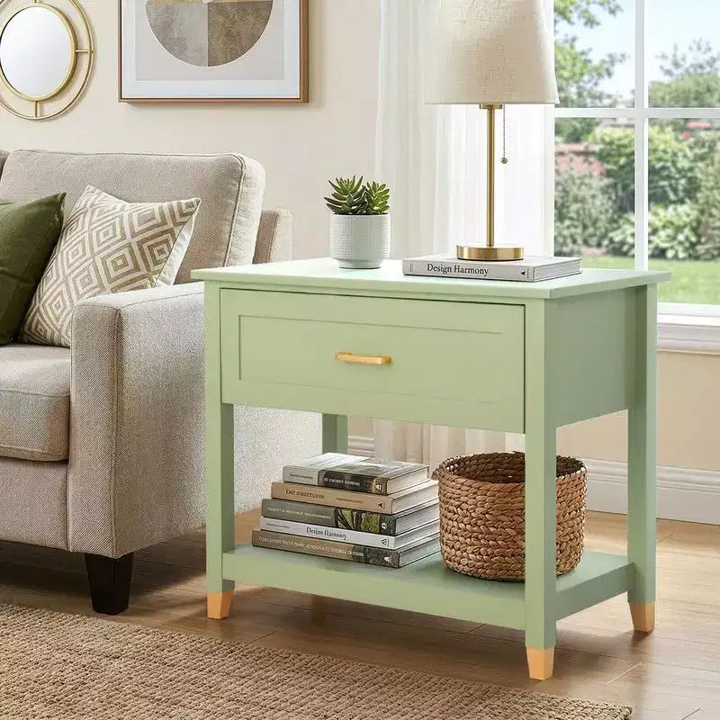 Table de chevet Karl Home Light Green P2 MDF 1 tiroir 1 étagère 75 cm