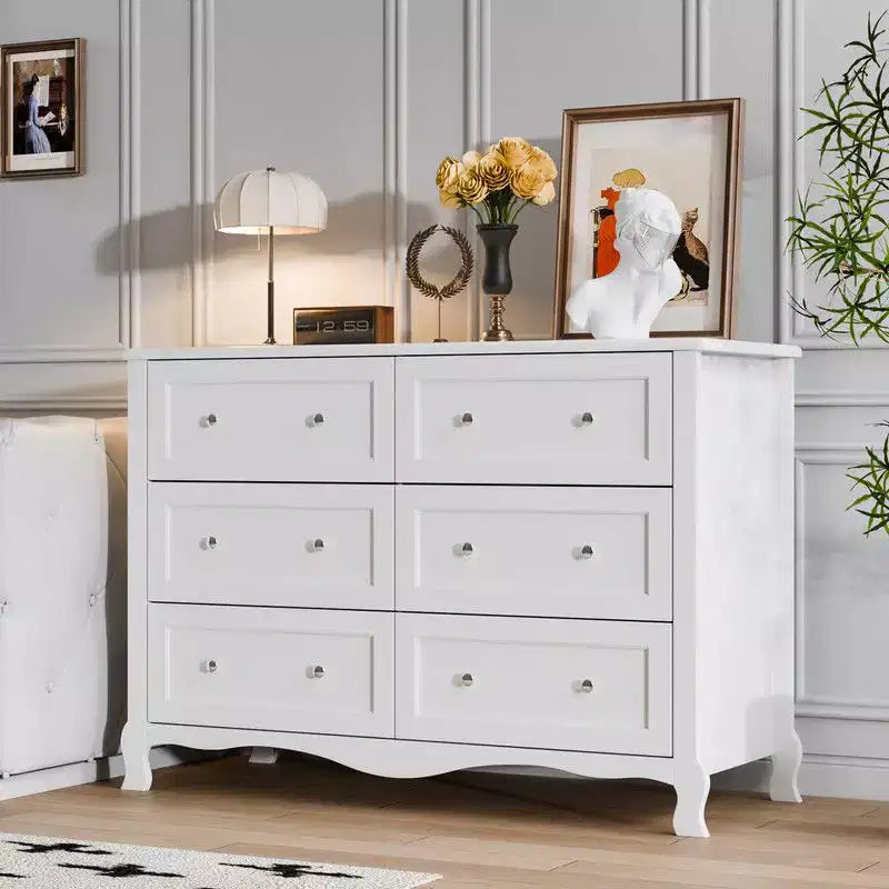 Karl Home White P2 Density Board Painted 47.2in 6 Drawer French Curved Legs