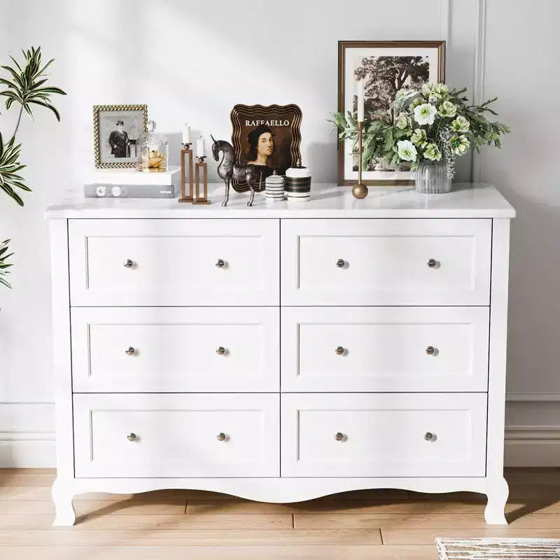 Karl Home Panneau de densité P2 blanc peint 120 cm 6 tiroirs Pieds incurvés à la française