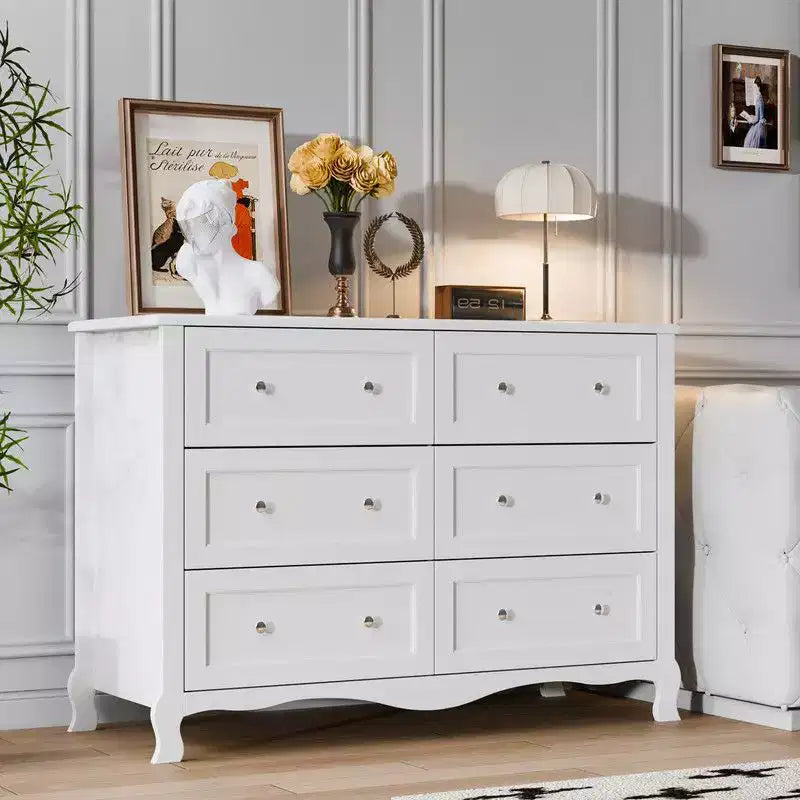 Karl Home Panneau de densité P2 blanc peint 120 cm 6 tiroirs Pieds incurvés à la française