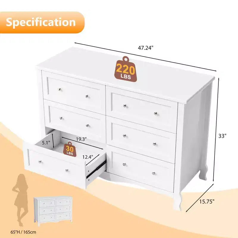 Karl Home Panneau de densité P2 blanc peint 120 cm 6 tiroirs Pieds incurvés à la française