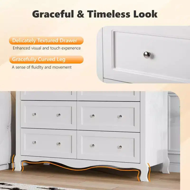 Karl Home Panneau de densité P2 blanc peint 120 cm 6 tiroirs Pieds incurvés à la française